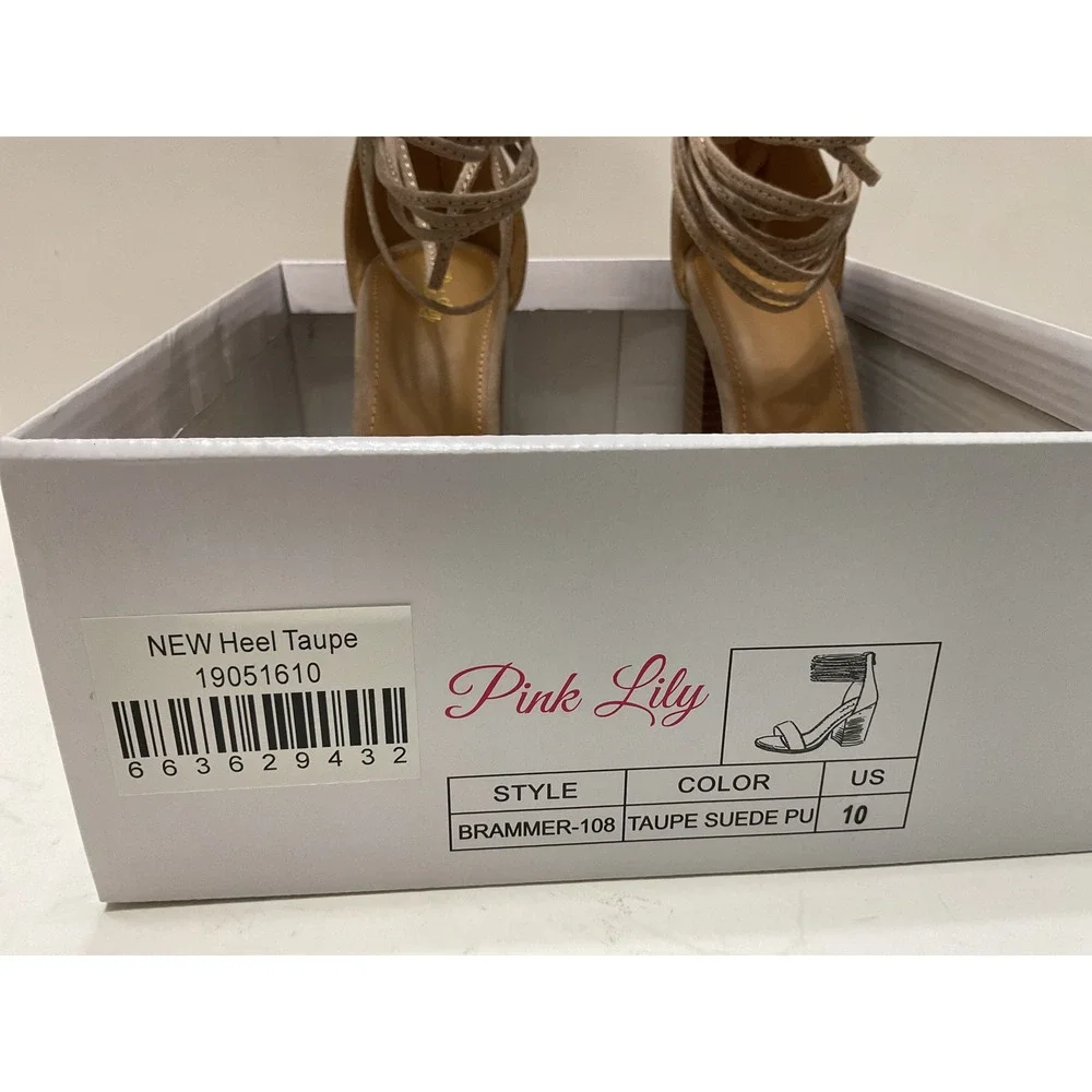 Pink Lily Brammer-108 Taupe Suede PU Block Heel Ankle Wrap Sandals Womens10 Sh10